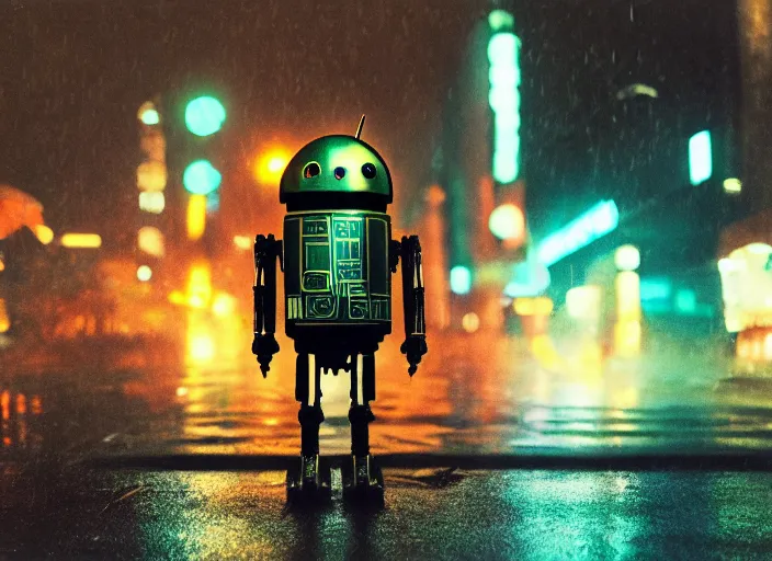 Image similar to a kodachrome photo of a tall huge metallic cyborg droid android with glowing lights, running sprinting on a rainy night in the city in the 1 9 5 0's, dramatic, seen from a distance, canon 5 0 mm, cinematic lighting, film, photography, award - winning, neon, cyberpunk, blade runner