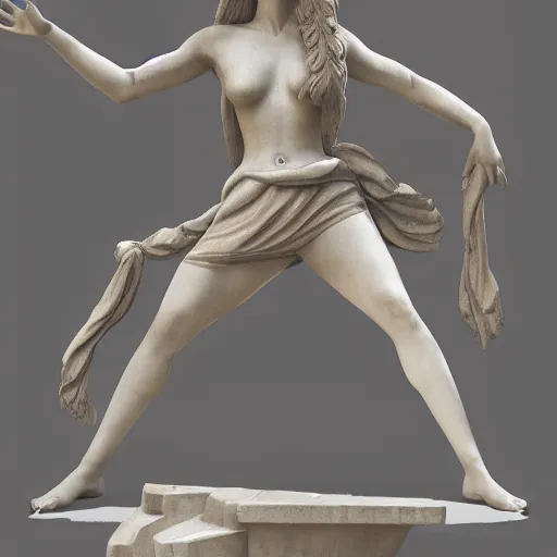 Image similar to a statue of a greek goddess dancing next to a temple in a standing pose with arms by her body, digital concept art, trending on artstation