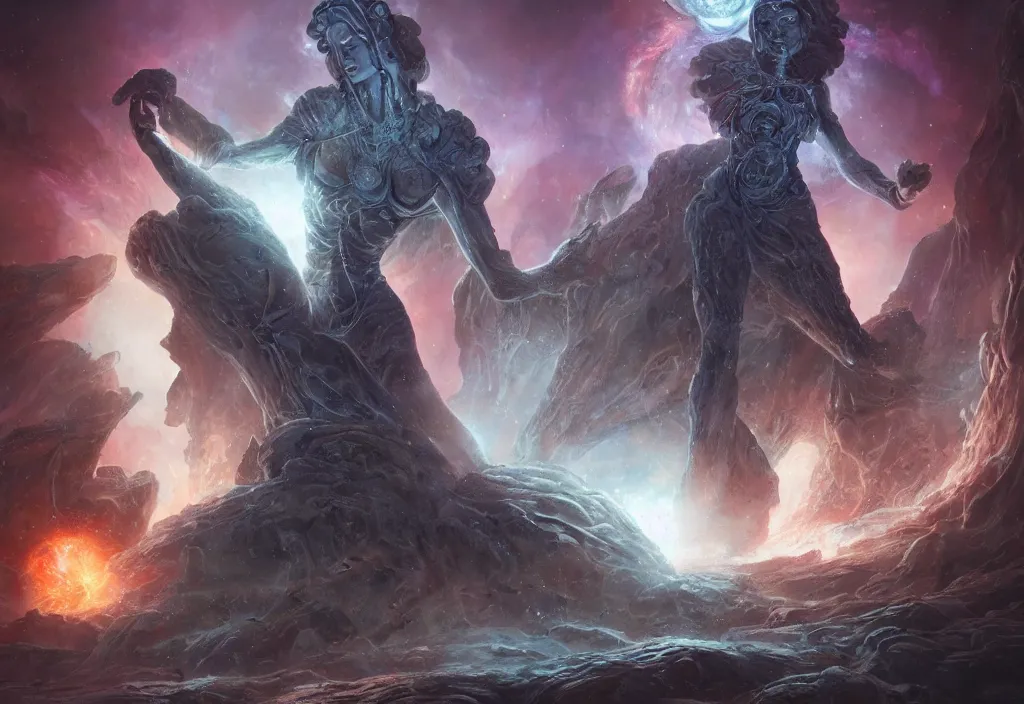 Prompt: an ancient alien female monument staring into space at a supernova, queen of blades, by dorian cleavenger, by greg rutkowski, by wlop, by astri lohne, by zdzisław beksinsk