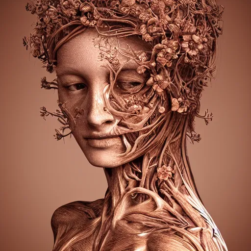 Image similar to beatifull frontal face portrait of a woman, 150 mm, anatomical, flesh, flowers, mandelbrot fractal, veins, arteries, symmetric, intricate, golden ratio, full frame, microscopic, elegant, highly detailed, ornate, ornament, sculpture, elegant , luxury, beautifully lit, ray trace, octane render in the style of peter Gric , alex grey and Romero Ressendi