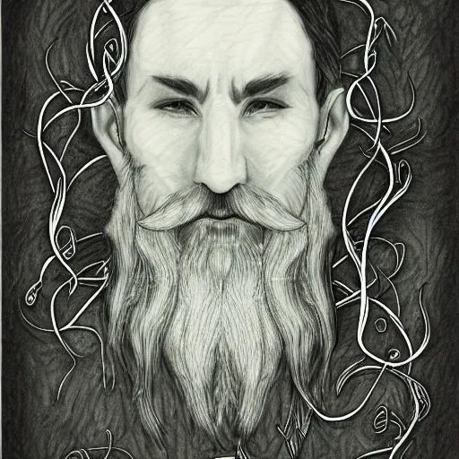 Prompt: bearded male druid gray skin pointy ears with vines as hair detailed fantasy drawing tolkien