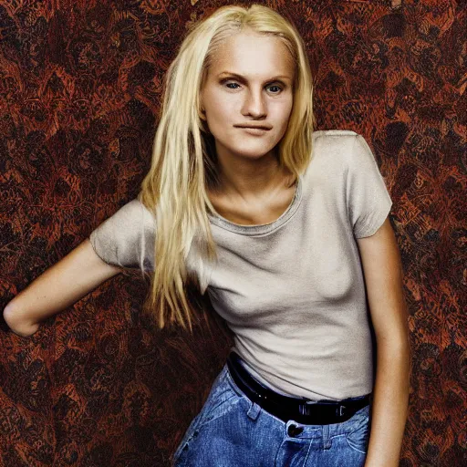 Prompt: photograph by annie leibovitz of olive skinned blonde female in her twenties wearing designer top