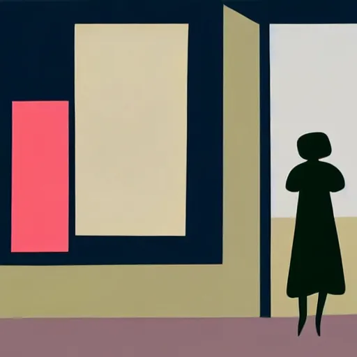 Image similar to A painting of person standing next to a window, abstract painting in the style of Sophie Taeuber-Arp and Gary Hume and Tatsuro Kiuchi, flat colour-block style, geometric abstraction, deep earthy colours