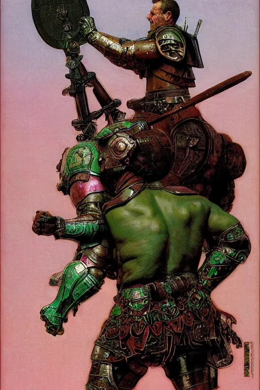 Image similar to head and torso portrait of jocko willink as huge warrior wearing plate armour and cape, dynamic action, pink and green, by lawrence alma tadema and zdzislaw beksinski and norman rockwell and tom lovell and greg staples and john william waterhouse