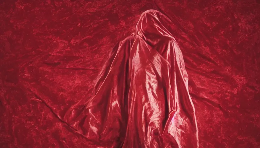 Prompt: rendering of invisible man wrapped in red velvet sheet. surrounded by darkness
