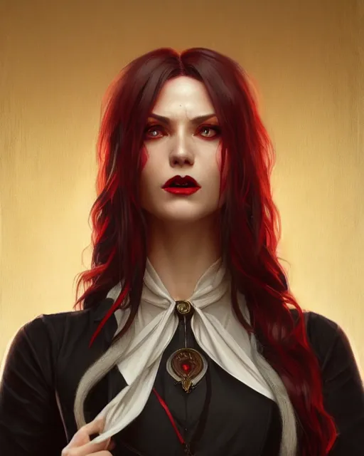 Image similar to female vampire, gold waistcoat, red shirt, grey hair, red necktie, cinematic, stunning, highly detailed, digital painting, artstation, smooth, hard focus, full body shot, illustration, art by artgerm and greg rutkowski and alphonse mucha