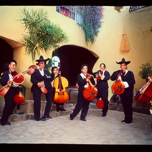 Prompt: mariachi band, tlaquepaque, kodak ektachrome,