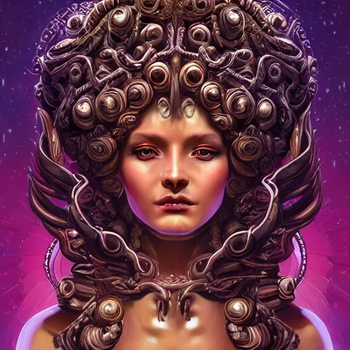 Image similar to ultradetailed ornate sci-fi RPG illustration of a beautiful symmetric Medusa radiating a glowing aura wearing a roots flower armor with much decorum, digital airbrush painting, 3d rim light, hyperrealistic masterpiece, artstation, cgsociety, kodakchrome, golden ratio