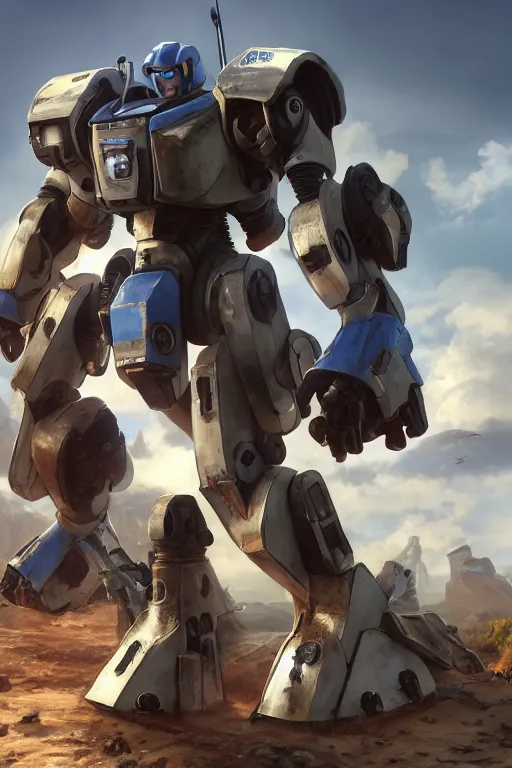 Image similar to mechwarrior 5 : mercenaries mech megaman transformer robot boss tank engine game octane render, 4 k, hd 2 0 2 2 3 d cgi rtx hdr style chrome reflexion glow fanart, global illumination ray tracing hdr fanart arstation by ian pesty by jesper ejsing pixar and disney unreal zbrush central hardmesh