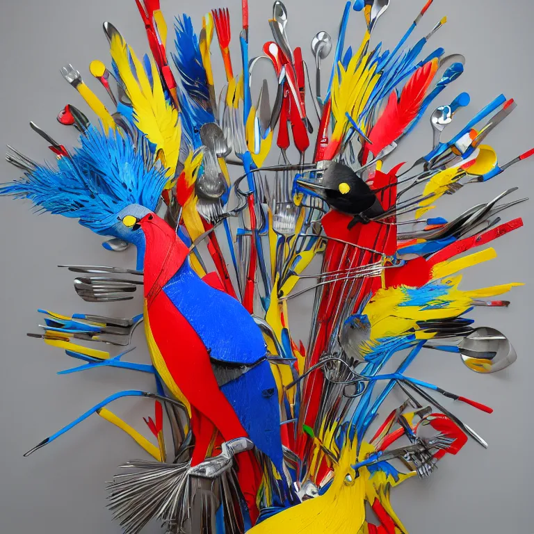 Prompt: photo of 3 d art sculpture instalation of a bird made of utensils, red airbrush on yellow saw tail, blue iron feathers, black scissor beak, head made of colorful forks, digital art, 8 k