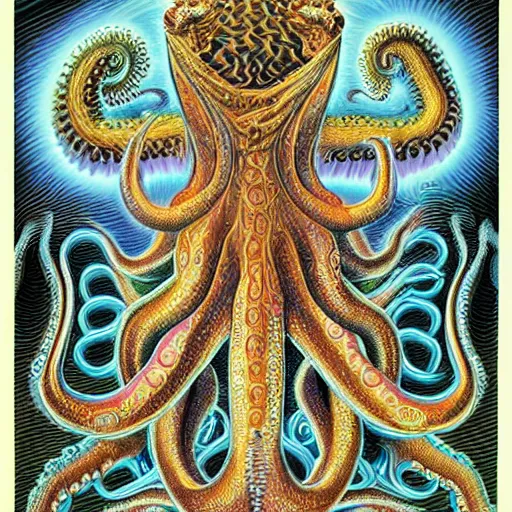 Image similar to strange bestiary of repressed unconscious cephalopod chimeras by Alex grey