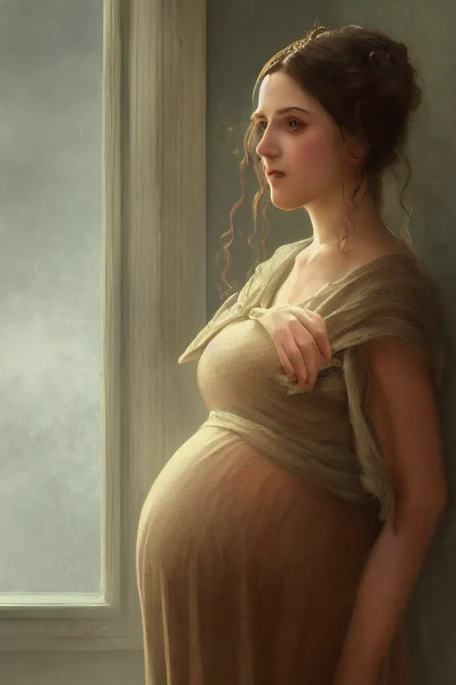 Image similar to Full-length portrait of a pregnant woman in besieged Leningrad, illustration, dramatic lighting, soft details, painting oil on canvas, art deco, octane render, HDR, 4k, 8k, HD, by Edmund Blair Leighton, Brom, Charlie Bowater, trending on artstation, faces by Tom Bagshaw, Sargent