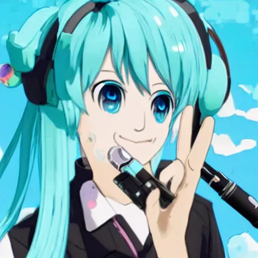 Prompt: hatsune miku smoking a vape pen in her right hand and holding up a peace sign in her left hand | smoke coming out of her mouth,