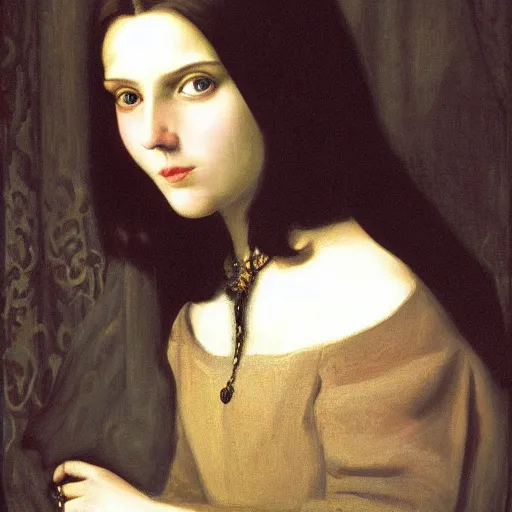 Image similar to a portrait of a gothic young women with long hair in a magical castle by currin, john