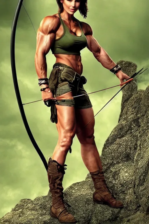 Image similar to laura croft with a bow & arrow, muscles, ripped, toned, muscular