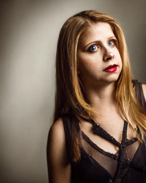 Prompt: A studio portrait of Buffy Summers as a vampire; bokeh, 90mm, f/1.4