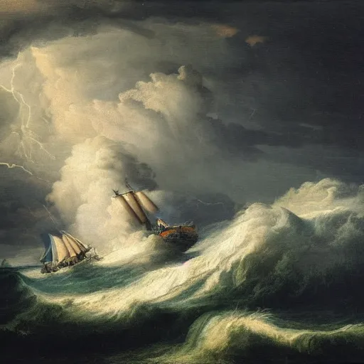 Prompt: 17th century century man of war in a storm, turbulent waves, lightning in the background, navy tint, Carl Friedrich