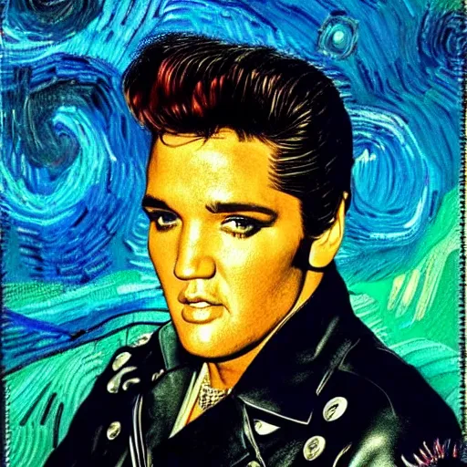 Image similar to an artistic portrait of elvis presley, dreamlike, romantic, high quality, studio photography, colorful, hero, heroic, beautiful, in the style of vincent van gogh