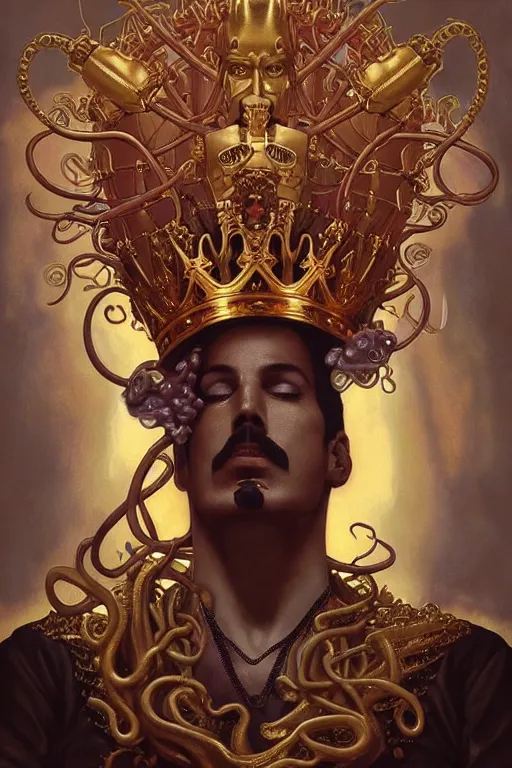 Prompt: Freddy mercury from queen, a golden crown floating above his head, tentacles coming out the ground art by Artgerm and Greg Rutkowski and Alphonse Mucha and Craig Mullins and James Jean and Andrei Riabovitchev and Marc Simonetti and peter mohrbacher, sharp focus, ominous, cosmic horror, trending on artstation, Ultra detailed, hyper realistic 4k