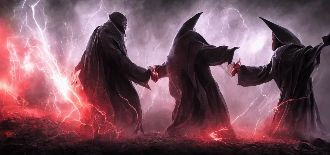 Prompt: two wizard fighting each other with magic sharp, high detail, contrast between darkness and light, good versus evil, cinematic lighting, vibrant colors, photorealism, terror, hysterical, horrifying, digital art, destruction, the void, ominous, octane render, fear, very detailed, evil, trending on artstation, intricate details, high definition, 16k, Artstation, Dark Souls