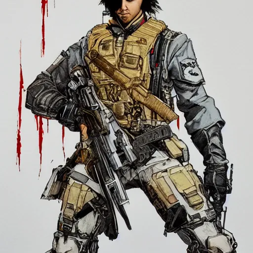 Image similar to portrait of a hero holding his sword in front of his face by yoji shinkawa, high quality, extra details, realism, ornate, colored, golden chain, blood, white skin, short hair, brown eyes, vivid, sunlight, dynamic, american man, military, futuristic freedom, white american soldier, painting