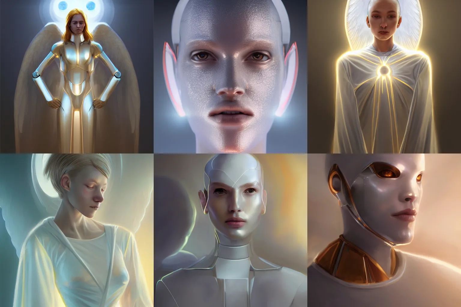 Prompt: Closeup portrait of a glowing robot angel, faceless, genderless, white light halo, white and gold robes, peaceful expression, by Artgerm, by Albert Edelfelt, matte painting, trending on Artstation