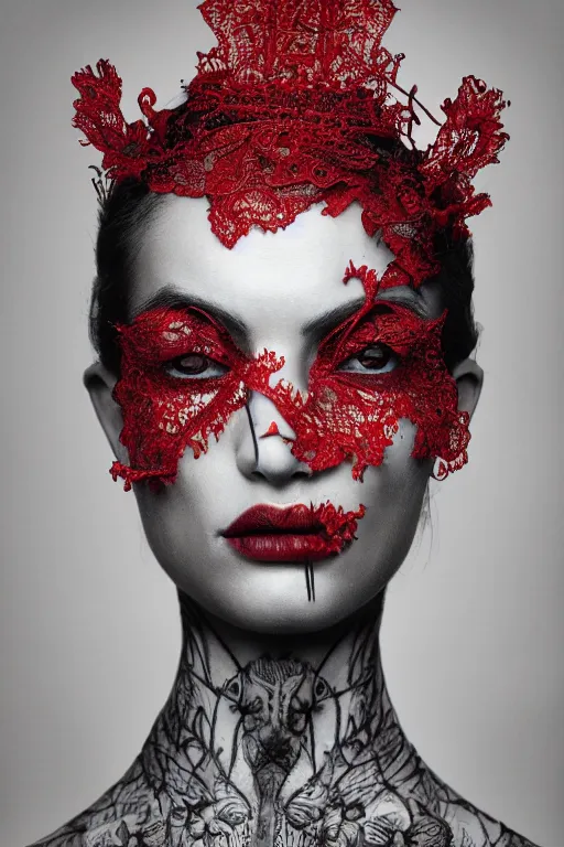 Prompt: a portrait of female model by stefan geselle and nekro borja, photorealistic, intricate details, hyper realistic, big red lace colar, photorealistic, canon r 3, photography, wide shot, photography, dark beauty, symmetrical features