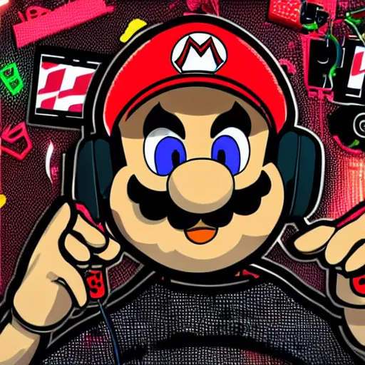 Image similar to svg sticker of a Pop-Wonder SuperMario, Mario-Wearing-a-red-hat, at a rave, spinning records, giant headphones rocking out, wearing headphones, huge speakers, dancing, rave, DJ, spinning records, digital art, amazing composition, rule-of-thirds, award-winning, trending on artstation, featured on deviantart