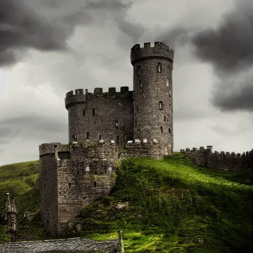 Prompt: try looming castle under a cloudy sky where nary a ray escapes the god's frown
