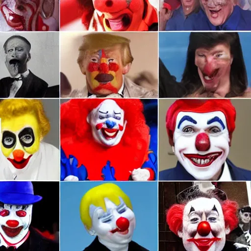 Image similar to a collage of clown pictures that make donald trumps face