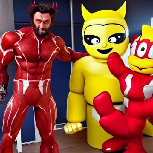 Prompt: wolverine from marvel holding hands with the wendys mascot