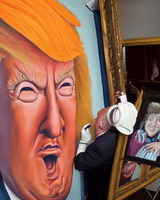 Image similar to a presidential portrait of donald trump as an oompa loompa in the style caricature artist oil painter sebastian kruger hanging on a wall at mar - a - largo