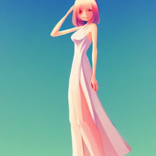 Image similar to happy adult female in sundress, summer dress, pastel light pink very long hair, muted colors, matte print, pastel colors, 2d, ultra highly detailed, digital art, digital painting, fan art, elegant, artstation, head is centered, by Ilya Kuvshinov