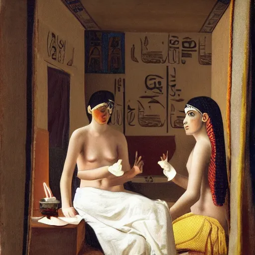 Image similar to girls in a poorly lightened dorm in ancient egypt in the style of Louis-François Aubry, French portrait painter