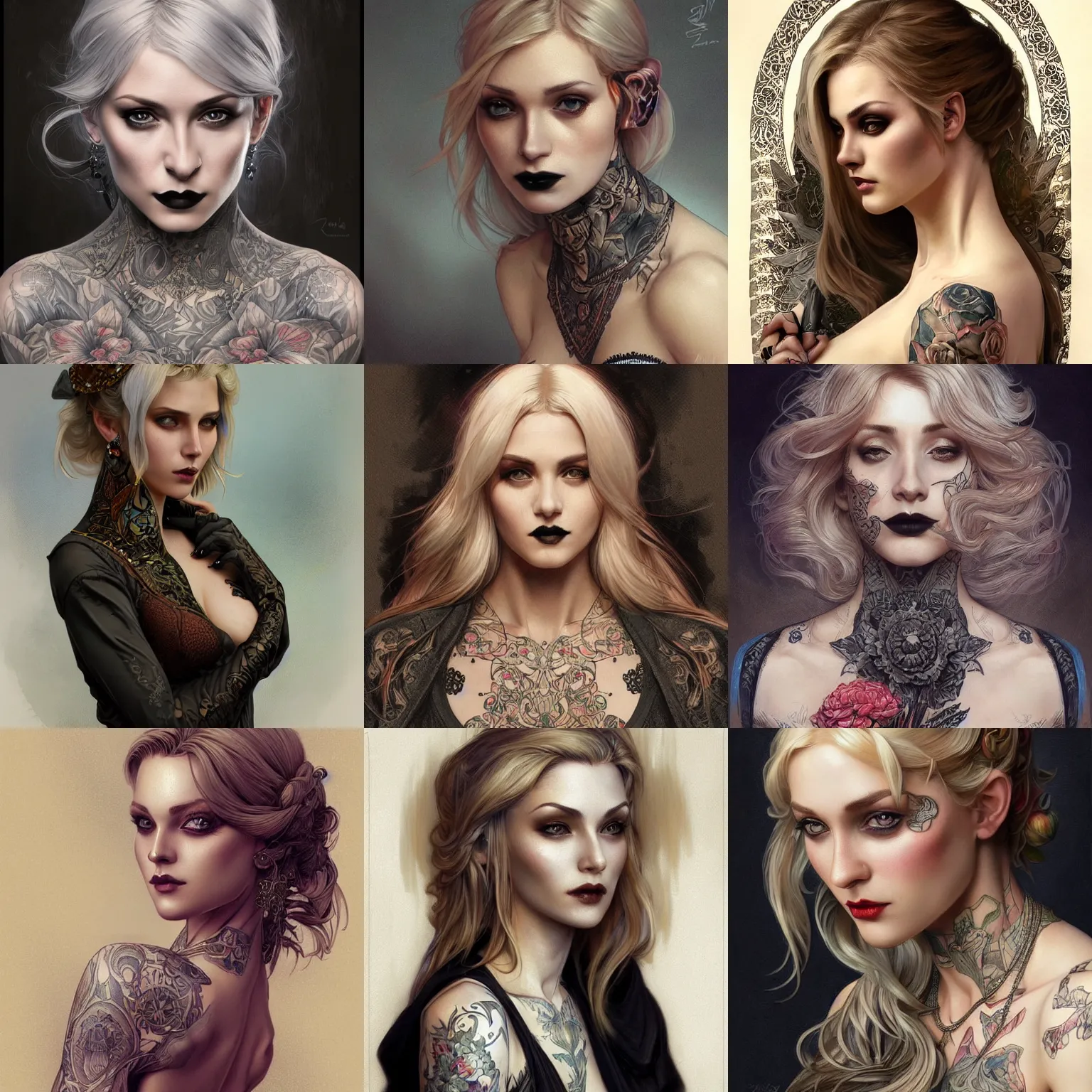 Prompt: ultra realistic illustration, a hot and beautiful tattooed blonde slavic woman in her 3 0's, goth, intricate, elegant, highly detailed, digital painting, artstation, concept art, smooth, sharp focus, illustration, art by artgerm and greg rutkowski and alphonse mucha