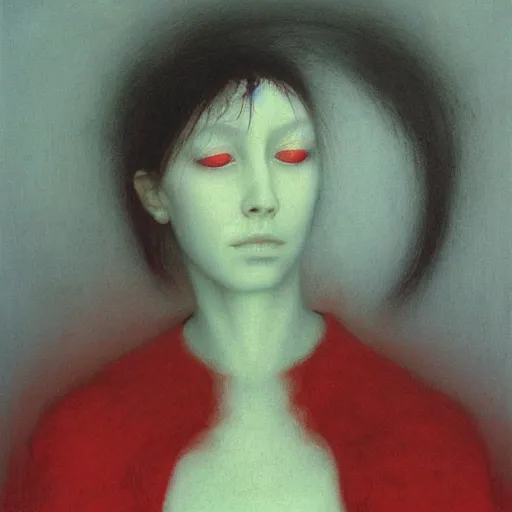 Prompt: pale white young girl in red dress with dark short hairs by Beksinski