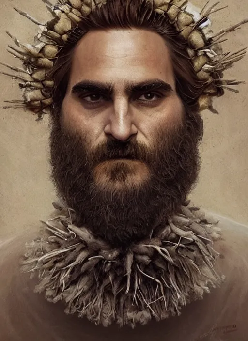 Image similar to a hyper detailed portrait of joaquin phoenix with a crown made of animals, cow horns, sheep wool, chicken feather armor, majestic, angelic, by anna podedworna, by miklos ligeti, by diego maricato, by taran fiddler, by antonino truisi, by chris reddie, by jinsung lim, trending on artstation