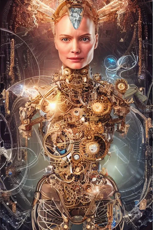 Image similar to a beautiful mechanized feminine android goddess of the quantum realm, westworld, photorealistic, magical, enchanted, intricate detail, elaborate machinery, clockwork, torn tapestry, swirling smoke, ember particles, regal design, royal relief