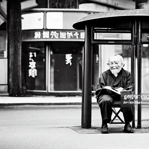 Prompt: professional photo of an old Japanese man sitting at a bus stop, professional photography