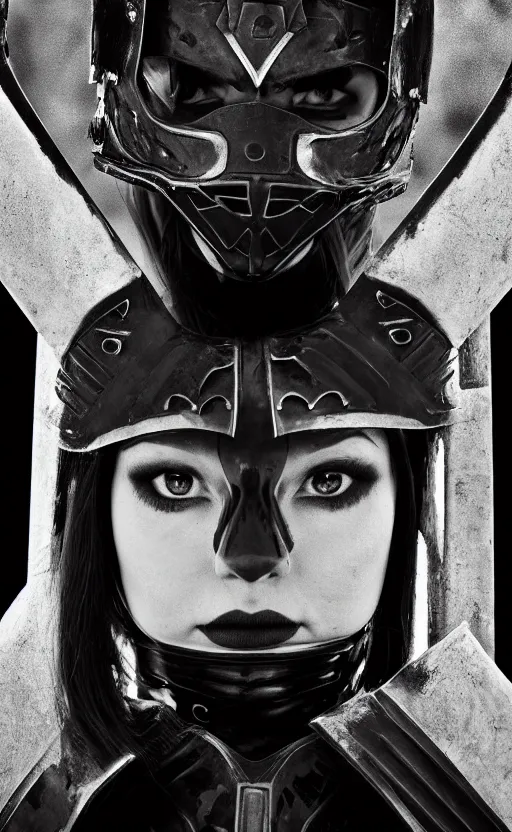 Image similar to symmetrical portrait photograph of a beautiful young woman wearing black armor, angry eyes, no helmet, cinematic, 200mm prime lens