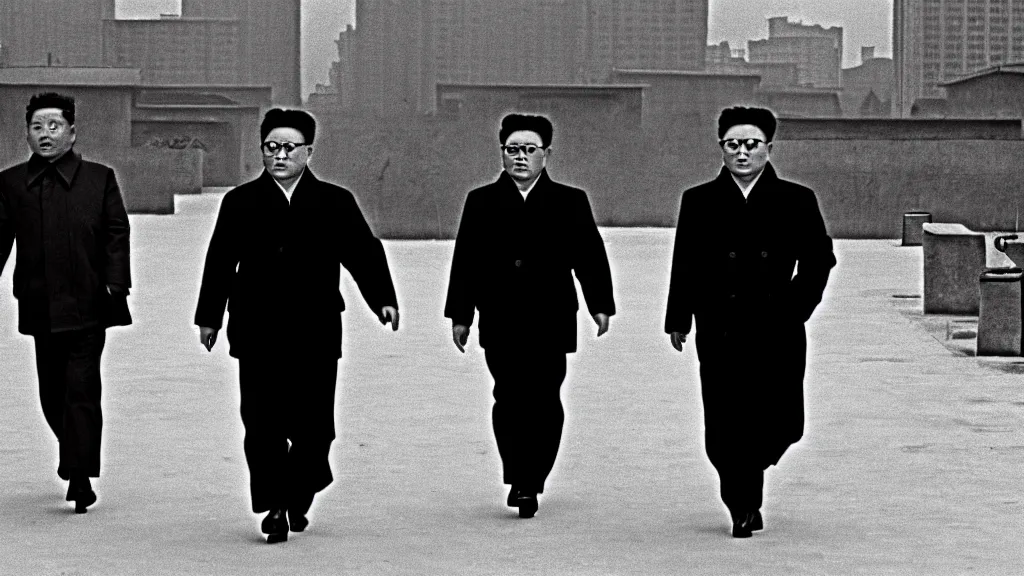 Image similar to kim jong - il walking in 1 9 6 0 s pyongyang, film noir thriller in the style of orson welles and andrei tarkovski