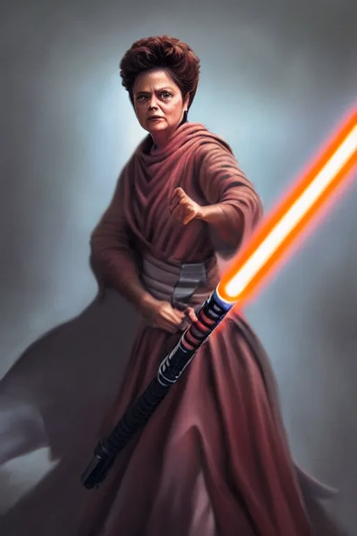 Image similar to breathtaking detailed concept art painting of a jedi dilma rousseff holding a lightsaber, by hsiao - ron cheng, exquisite detail, extremely moody lighting, 8 k