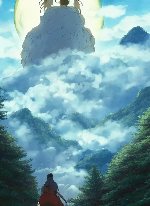 Prompt: the flim poster of a magical place around mountains and river, white spirit flying around the sky, miyazaki's animated film, ghibli studio, princess mononoke, 4 k, highly detailed, horizon view, cinematic composition, hyperdetailed,