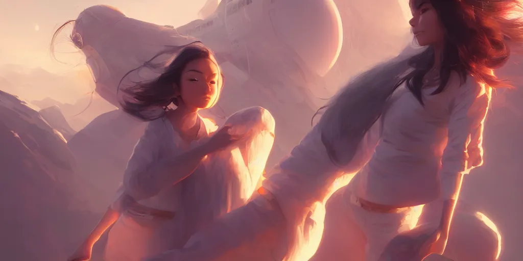 Image similar to Young Himalayan woman piloting a space shuttle, somber white eyes, long ashy hair, gentle lighting, dim lighting, digital art by Makoto Shinkai ilya kuvshinov and Wojtek Fus, digital art, concept art,