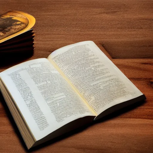 Image similar to a medium shot of a closed hard cover book sitting on a crowed desk, the book is closed, its cover illustrated with a picture of icarus, beside the book is an ancient scroll, dark, single light, vignette, magic, fantasy, 4 k