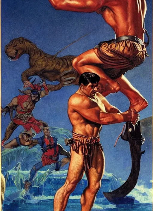 Prompt: huge cyclops in sinbad and the eye of the tiger movie, by norman rockwell and jason fabok and tom lovell and frank schoonover and dean cornwell and jack kirby