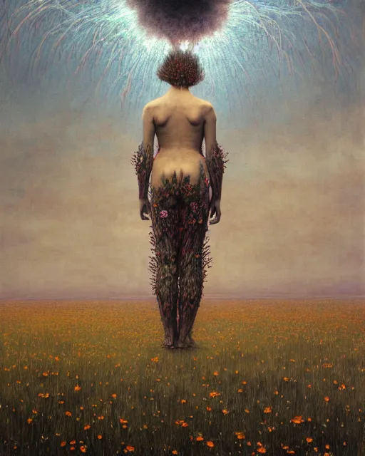 Prompt: A portrait of a woman wearing clothes made out of thunder clouds and flowers, apocalypse, nuclear explosion in the background, spiky skin, Masterpiece, glowing, wires everywhere, by Edgar Maxence and Ross Tran, Zdzisław Beksiński, and Michael Whelan, distant, gustav dore, H.R. Giger, 8k, octane render