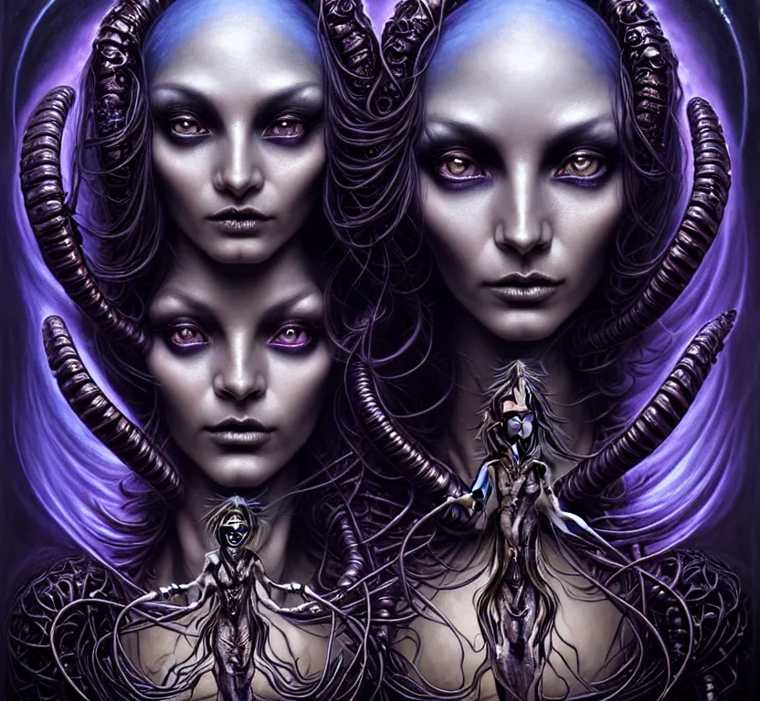 Image similar to A beautiful detailed alien goddess woman with 6 arms super dark tarot card, gorgeous model face by Stanley Artgerm, by tomasz alen kopera and Justin Gerard, 4 eyes, beautiful symmetrical features, ominous, magical realism, melting, texture, intricate, ornate, royally decorated, melting, whirling smoke, embers, purple adornments, blue torn fabric, radiant colors, fantasy, trending on artstation, volumetric lighting, micro details, 3d sculpture, ray tracing, 8k, anaglyph effect