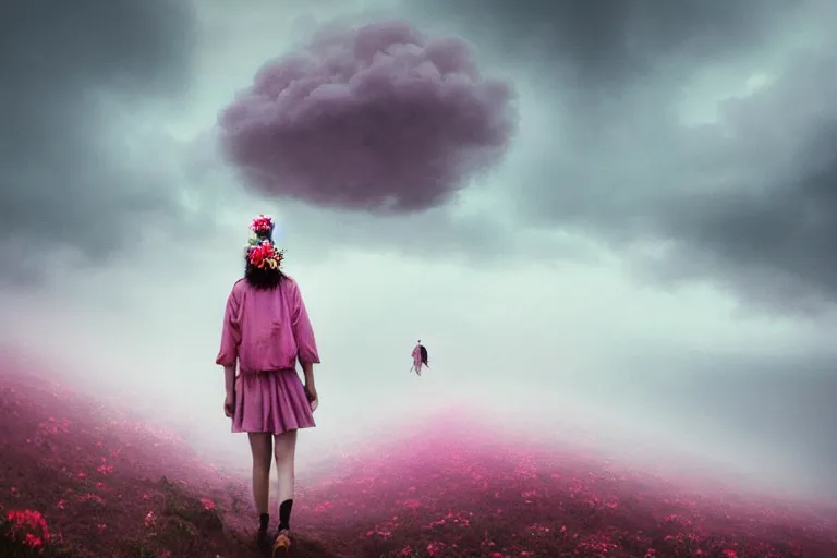 Image similar to giant dahlia flower crown under head, girl walking on mountain, surreal photography, pink and grey storm clouds, dramatic light, impressionist painting, digital painting, artstation, simon stalenhag