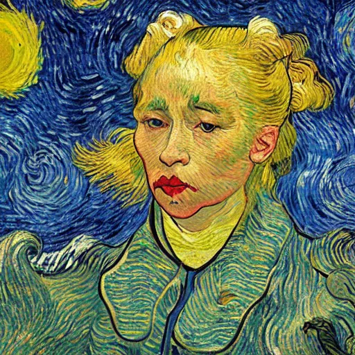 Image similar to a romantic girl with dark descending hair on the roof of the house in rotterdam looks at the stars, in the windows yellow light, wang gogh wrote